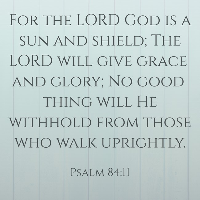 For the LORD God is a sun and shield; The LORD will give grace and glory; No good thing will He withhold from those who walk uprightly. - Psalm 84:11