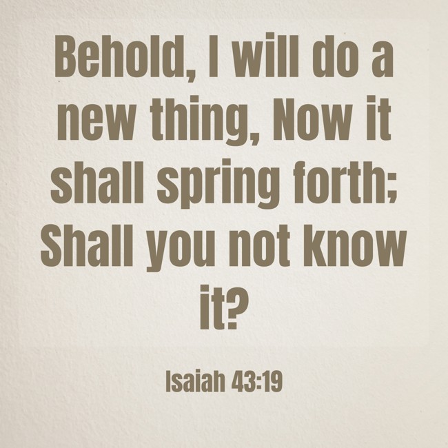 Behold, I will do a new thing, Now it shall spring forth; Shall you not know it? - Isaiah 43:19