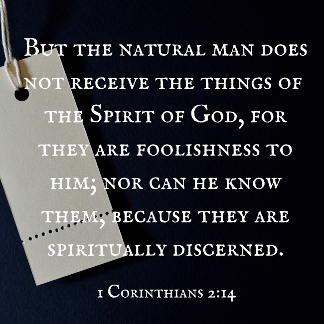  But the natural man does not receive the things of the Spirit of God, for they are foolishness to him; nor can he know them, because they are spiritually discerned.   - 1 Corinthians 2:14 