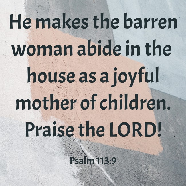 He makes the barren woman abide in the house as a joyful mother of children. Praise the LORD! - Psalm 113:9