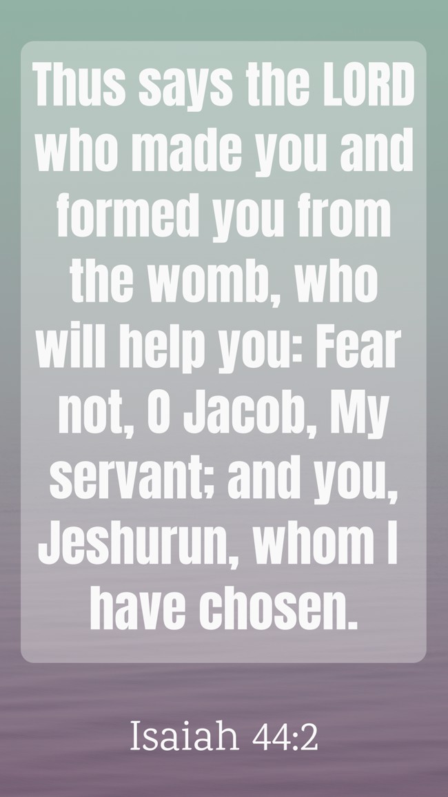Thus says the LORD who made you and formed you from the womb, who will help you: Fear not, O Jacob, My servant; and you, Jeshurun, whom I have chosen. - Isaiah 44:2