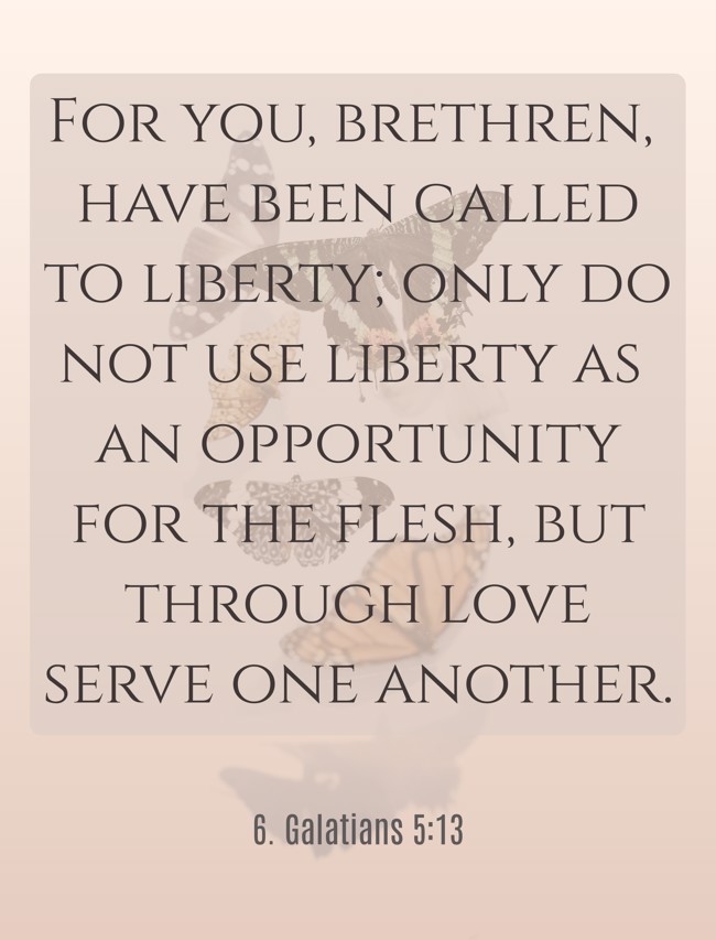 For you, brethren, have been called to liberty; only do not use liberty as an opportunity for the flesh, but through love serve one another. - 6. Galatians 5:13