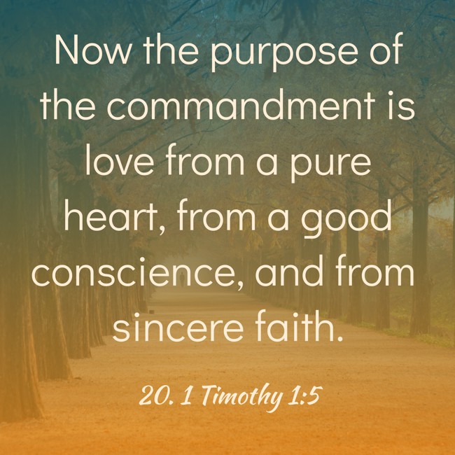 Now the purpose of the commandment is love from a pure heart, from a good conscience, and from sincere faith. - 20. 1 Timothy 1:5