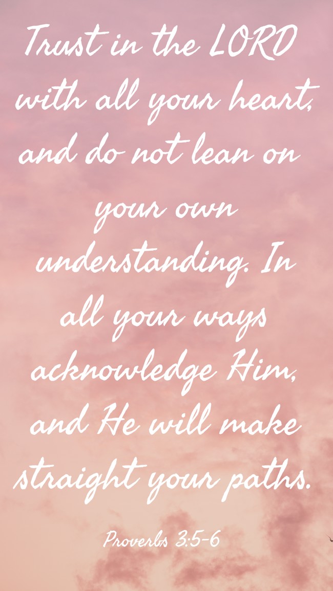 Trust in the LORD with all your heart, and do not lean on your own understanding. In all your ways acknowledge Him, and He will make straight your paths. - Proverbs 3:5-6