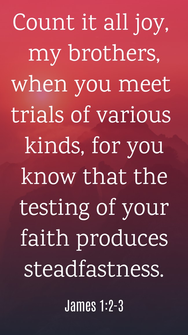 Count it all joy, my brothers, when you meet trials of various kinds, for you know that the testing of your faith produces steadfastness. - James 1:2-3