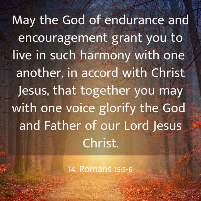 May the God of endurance and encouragement grant you to live in such harmony with one another, in accord with Christ Jesus, that together you may with one voice glorify the God and Father of our Lord Jesus Christ. - 14. Romans 15:5-6