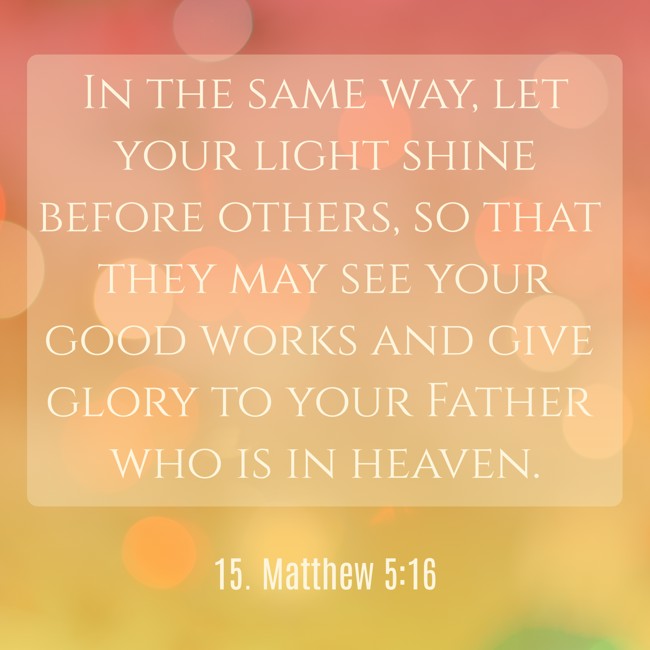 In the same way, let your light shine before others, so that they may see your good works and give glory to your Father who is in heaven. - 15. Matthew 5:16