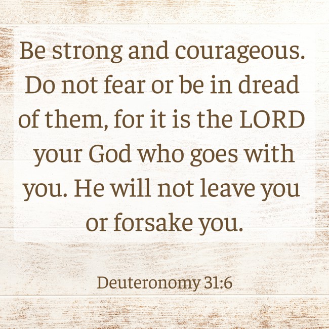 Be strong and courageous. Do not fear or be in dread of them, for it is the LORD your God who goes with you. He will not leave you or forsake you. - Deuteronomy 31:6