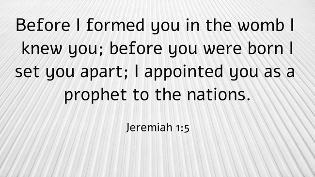  Before I formed you in the womb I knew you; before you were born I set you apart; I appointed you as a prophet to the nations.   - Jeremiah 1:5 