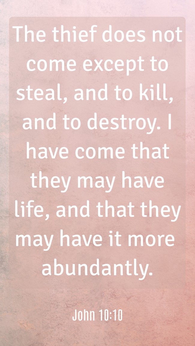  The thief does not come except to steal, and to kill, and to destroy. I have come that they may have life, and that they may have it more abundantly.   - John 10:10 
