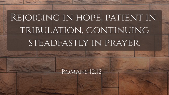 Rejoicing in hope, patient in tribulation, continuing steadfastly in prayer.   - Romans 12:12 