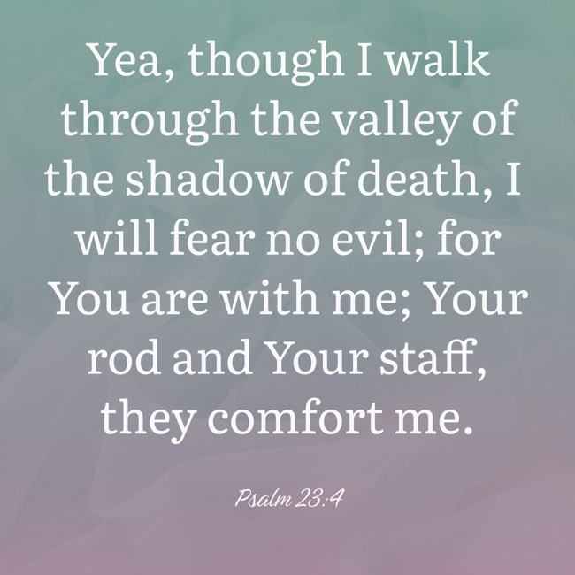 Yea, though I walk through the valley of the shadow of death, I will fear no evil; for You are with me; Your rod and Your staff, they comfort me. - Psalm 23:4