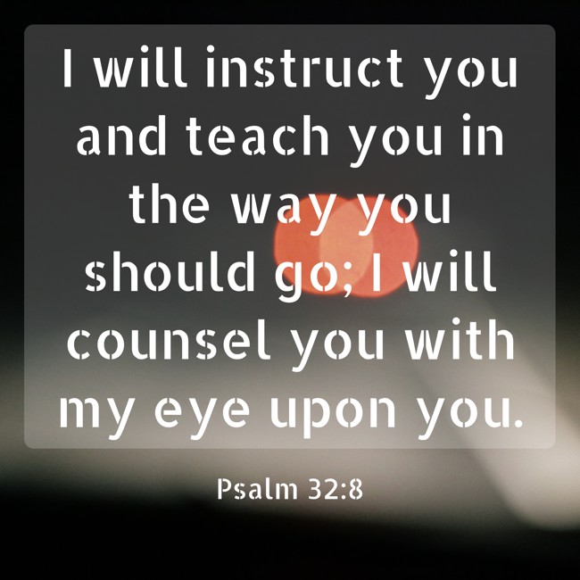  I will instruct you and teach you in the way you should go; I will counsel you with my eye upon you.   - Psalm 32:8 