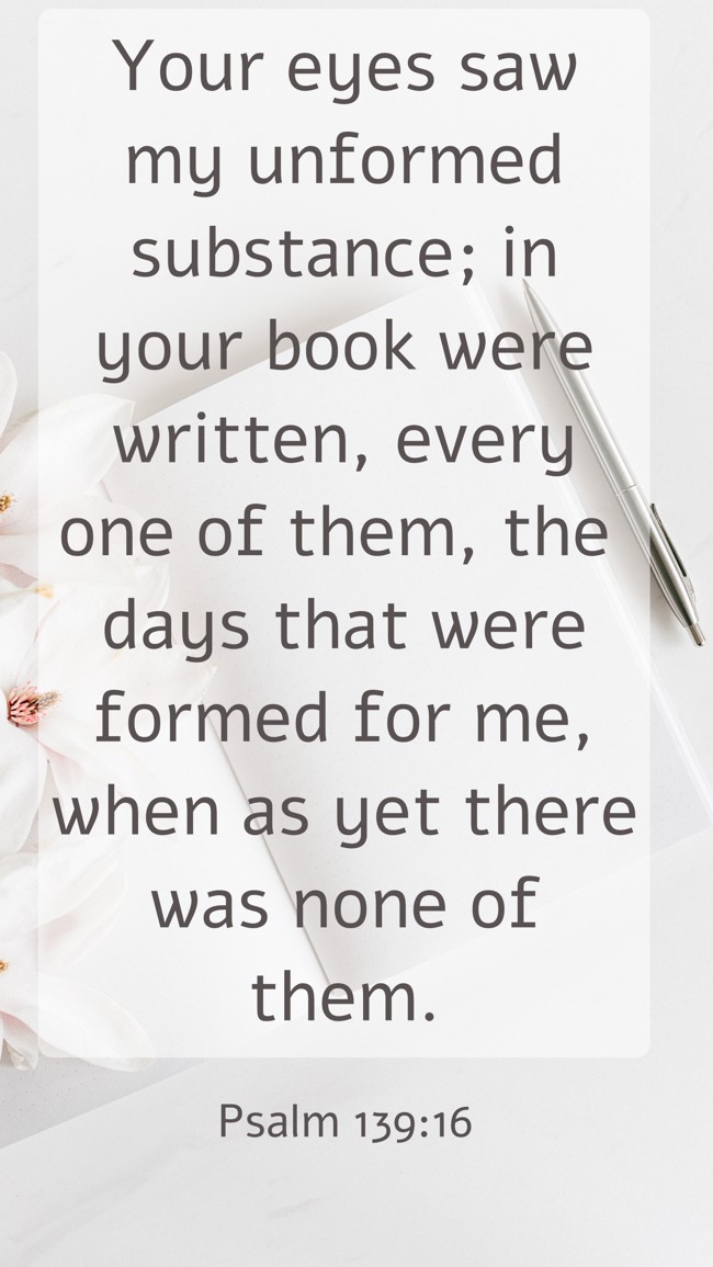  Your eyes saw my unformed substance; in your book were written, every one of them, the days that were formed for me, when as yet there was none of them.   - Psalm 139:16 