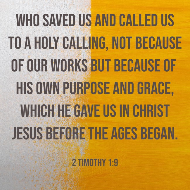  Who saved us and called us to a holy calling, not because of our works but because of his own purpose and grace, which he gave us in Christ Jesus before the ages began.   - 2 Timothy 1:9 