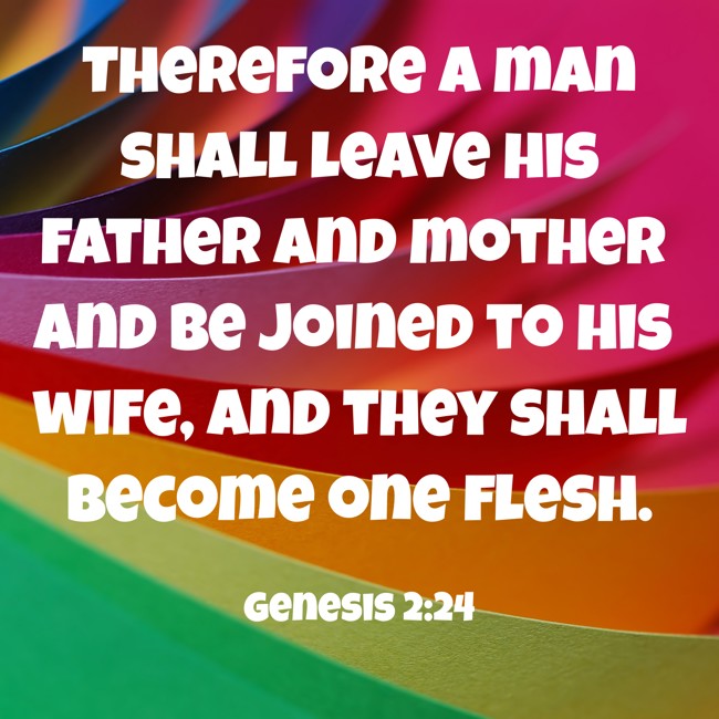 Therefore a man shall leave his father and mother and be joined to his wife, and they shall become one flesh. - Genesis 2:24