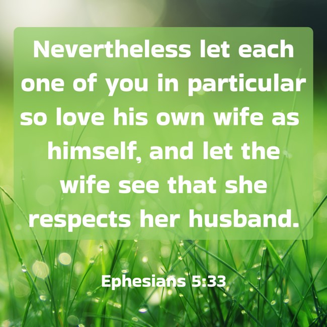 Nevertheless let each one of you in particular so love his own wife as himself, and let the wife see that she respects her husband. - Ephesians 5:33