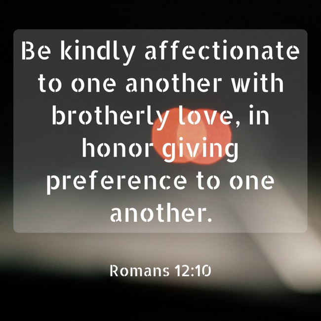 Be kindly affectionate to one another with brotherly love, in honor giving preference to one another. - Romans 12:10