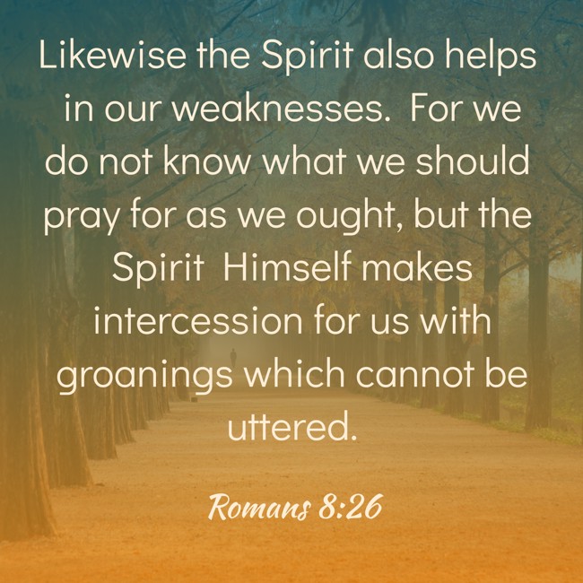 Likewise the Spirit also helps in our weaknesses. For we do not know what we should pray for as we ought, but the Spirit Himself makes intercession for us with groanings which cannot be uttered. - Romans 8:26