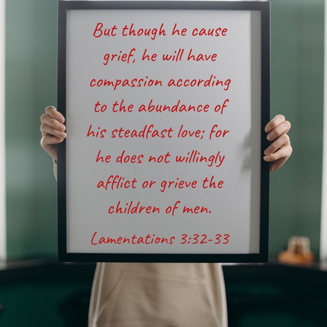 But though he cause grief, he will have compassion according to the abundance of his steadfast love; for he does not willingly afflict or grieve the children of men. - Lamentations 3:32-33
