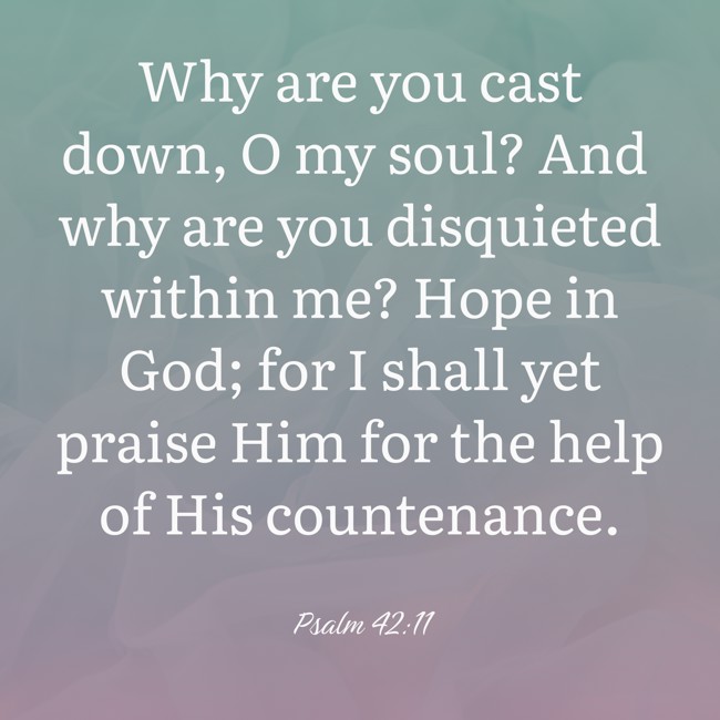 Why are you cast down, O my soul? And why are you disquieted within me? Hope in God; for I shall yet praise Him for the help of His countenance. - Psalm 42:11