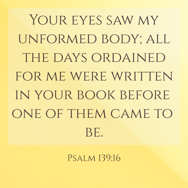 Your eyes saw my unformed body; all the days ordained for me were written in your book before one of them came to be. - Psalm 139:16