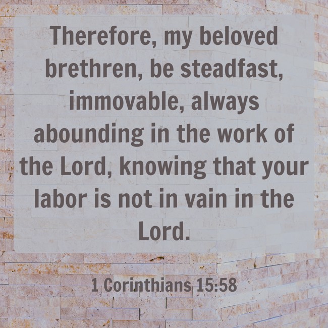 Therefore, my beloved brethren, be steadfast, immovable, always abounding in the work of the Lord, knowing that your labor is not in vain in the Lord. - 1 Corinthians 15:58