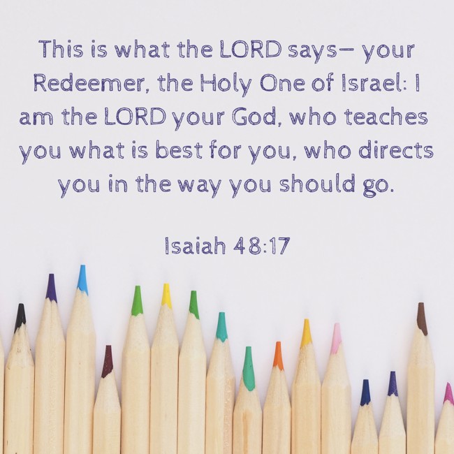 This is what the LORD says— your Redeemer, the Holy One of Israel: I am the LORD your God, who teaches you what is best for you, who directs you in the way you should go. - Isaiah 48:17