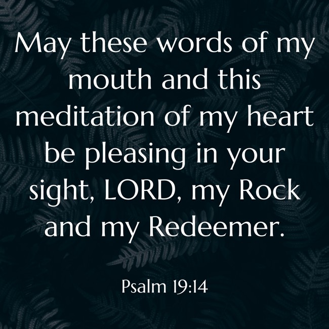 May these words of my mouth and this meditation of my heart be pleasing in your sight, LORD, my Rock and my Redeemer. - Psalm 19:14