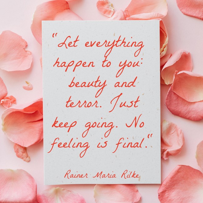 Let everything happen to you: beauty and terror. Just keep going. No feeling is final. - Rainer Maria Rilke