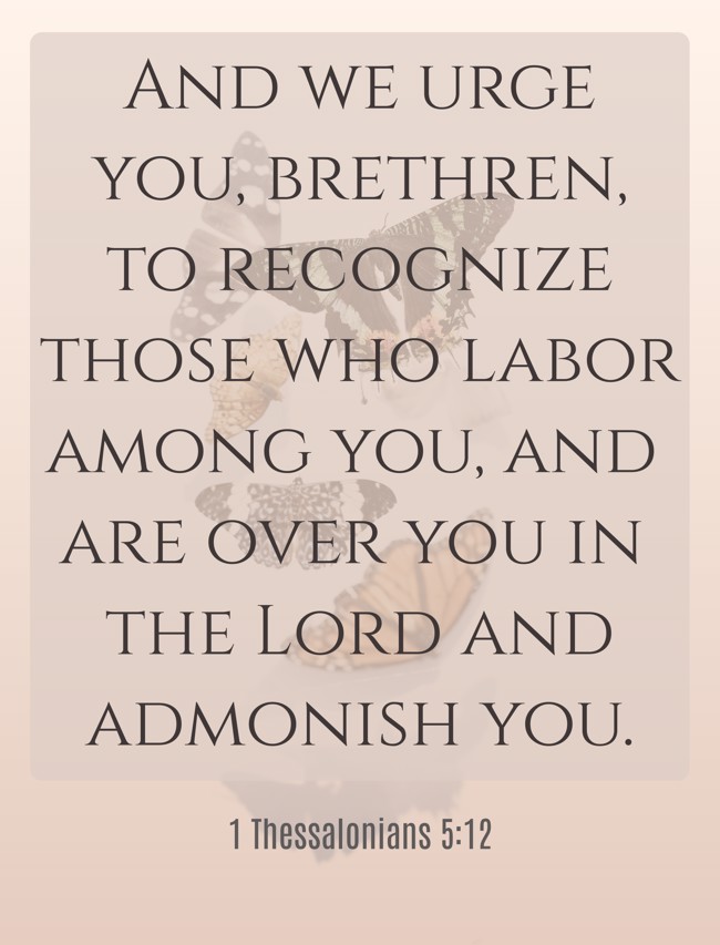 And we urge you, brethren, to recognize those who labor among you, and are over you in the Lord and admonish you. - 1 Thessalonians 5:12