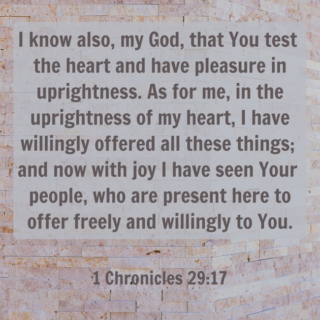I know also, my God, that You test the heart and have pleasure in uprightness. As for me, in the uprightness of my heart, I have willingly offered all these things; and now with joy I have seen Your people, who are present here to offer freely and willingly to You. - 1 Chronicles 29:17