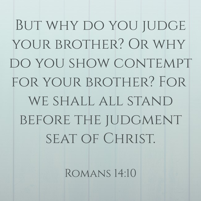 But why do you judge your brother? Or why do you show contempt for your brother? For we shall all stand before the judgment seat of Christ. - Romans 14:10