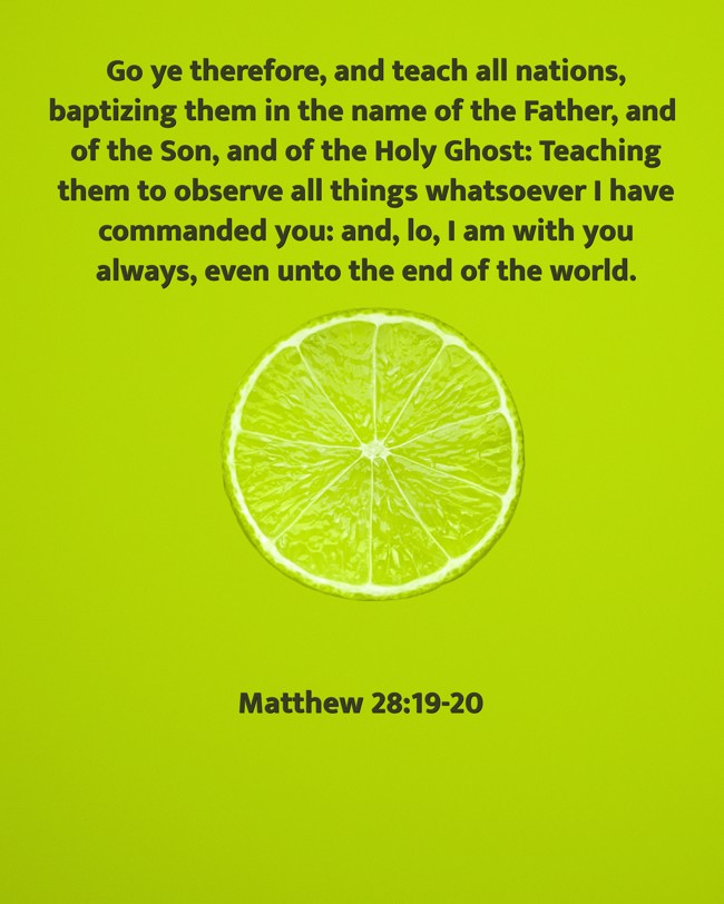 Go ye therefore, and teach all nations, baptizing them in the name of the Father, and of the Son, and of the Holy Ghost: Teaching them to observe all things whatsoever I have commanded you: and, lo, I am with you always, even unto the end of the world. - Matthew 28:19-20
