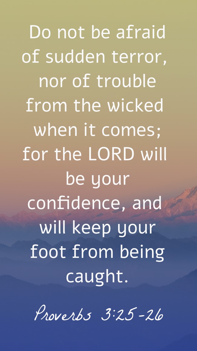 Do not be afraid of sudden terror, nor of trouble from the wicked when it comes; for the LORD will be your confidence, and will keep your foot from being caught. - Proverbs 3:25-26