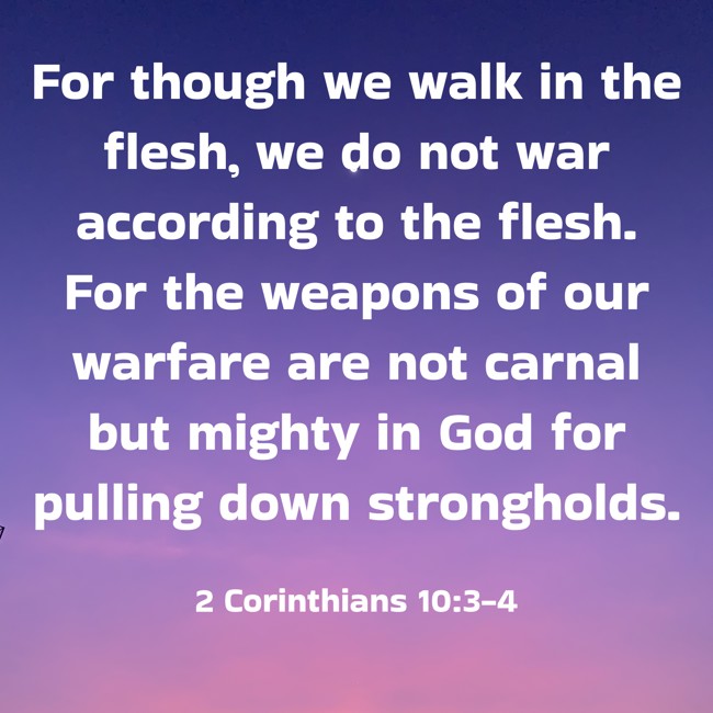 For though we walk in the flesh, we do not war according to the flesh. For the weapons of our warfare are not carnal but mighty in God for pulling down strongholds. - 2 Corinthians 10:3-4