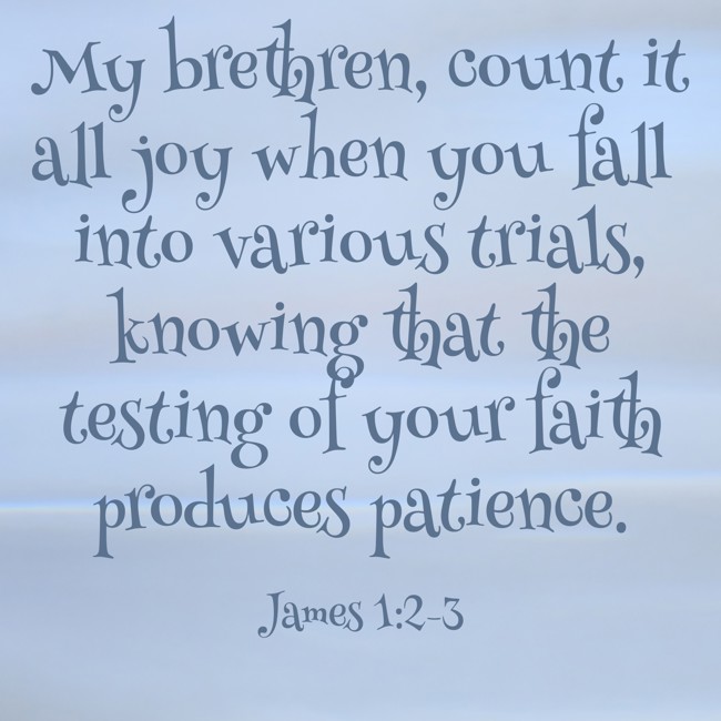 My brethren, count it all joy when you fall into various trials, knowing that the testing of your faith produces patience. - James 1:2-3