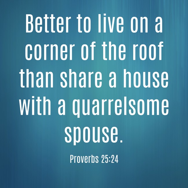  Better to live on a corner of the roof than share a house with a quarrelsome spouse.   - Proverbs 25:24 