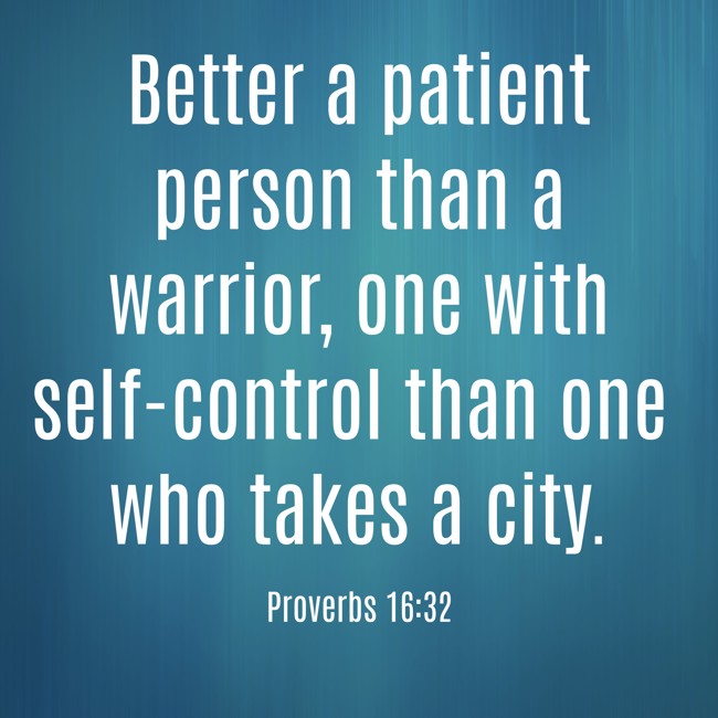  Better a patient person than a warrior, one with self-control than one who takes a city.   - Proverbs 16:32 