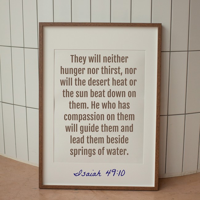 They will neither hunger nor thirst, nor will the desert heat or the sun beat down on them. He who has compassion on them will guide them and lead them beside springs of water. - Isaiah 49:10