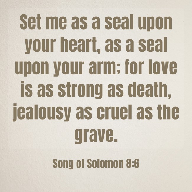 Set me as a seal upon your heart, as a seal upon your arm; for love is as strong as death, jealousy as cruel as the grave. - Song of Solomon 8:6