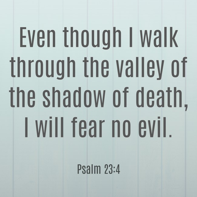 Even though I walk through the valley of the shadow of death, I will fear no evil. - Psalm 23:4