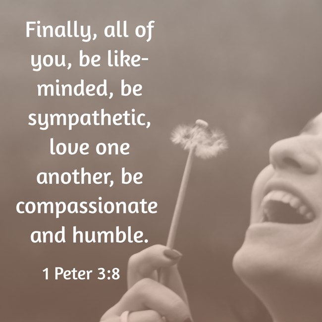 Finally, all of you, be like-minded, be sympathetic, love one another, be compassionate and humble. - 1 Peter 3:8