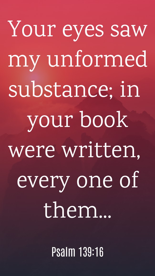 Your eyes saw my unformed substance; in your book were written, every one of them... - Psalm 139:16