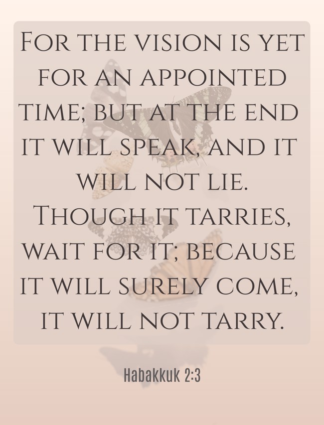 For the vision is yet for an appointed time; but at the end it will speak, and it will not lie. Though it tarries, wait for it; because it will surely come, it will not tarry. - Habakkuk 2:3