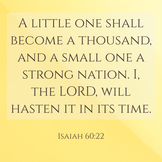 A little one shall become a thousand, and a small one a strong nation. I, the LORD, will hasten it in its time. - Isaiah 60:22