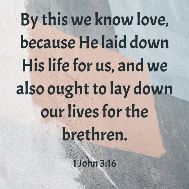 By this we know love, because He laid down His life for us, and we also ought to lay down our lives for the brethren. - 1 John 3:16