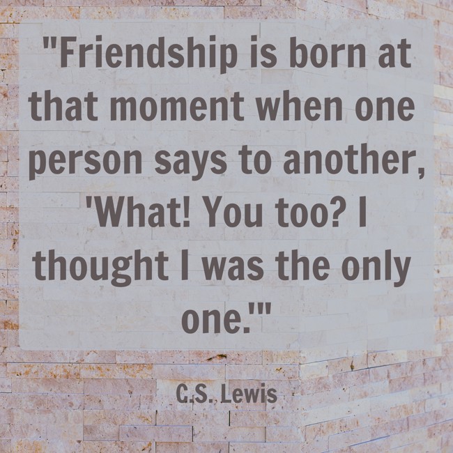 Friendship is born at that moment when one person says to another, 'What! You too? I thought I was the only one.' - C.S. Lewis