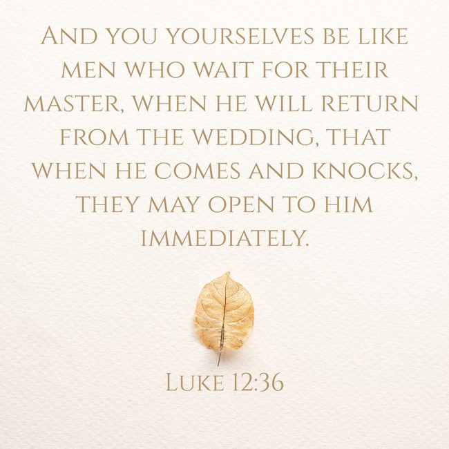 And you yourselves be like men who wait for their master, when he will return from the wedding, that when he comes and knocks, they may open to him immediately. - Luke 12:36