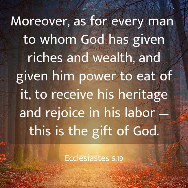Moreover, as for every man to whom God has given riches and wealth, and given him power to eat of it, to receive his heritage and rejoice in his labor — this is the gift of God. - Ecclesiastes 5:19